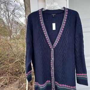 NWT Talbots Gorgeous Navy V-Neck White Pink Trim Cardigan Pockets